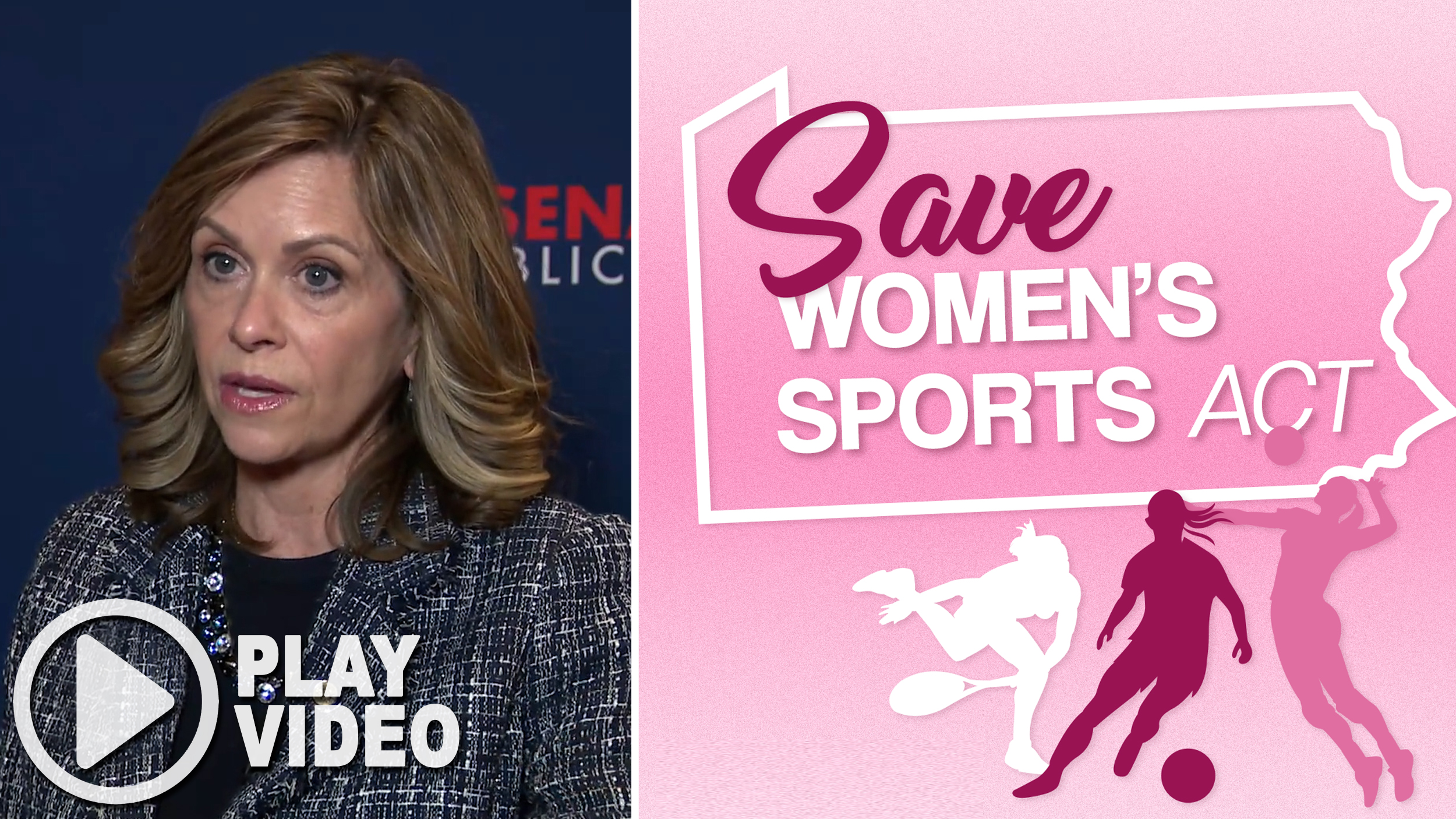 Split graphic featuring Sen. Camera Bartolotta on the left and outline of state of Pennsylvania and female athletes with the caption “Save Women’s Sports Act” on the right