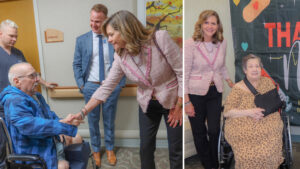 Collage of two photos. In the left photo, Sen. Bartolotta shakes hands with an elderly man seated in a wheelchair, and in the right photo, Sen. Bartolotta poses beside a woman seated in a wheelchair.
