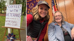Collage of two photos. In the left photo, a sign on an easel says, “Coffee with Veterans” and in the right photo, Sen. Bartolotta poses with a woman.