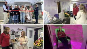 Collage of four photos from a ribbon-cutting and tour event at Sonic Serenity. In the top left photo, a group of community members stands under a tent holding a red ribbon during a grand opening ceremony. In the top right and bottom left photos, Senator Camera Bartolotta, wearing a red pullover, tours the facility and speaks with staff inside a purple-themed reception area. In the bottom right photo, Senator Bartolotta relaxes in a wellness pod illuminated with pink and purple lighting during a demonstration of the facility’s services.