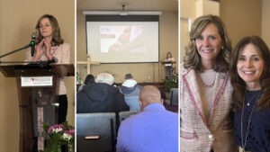 Collage of three photos from a National Day of Prayer event at City Mission. In the left photo, Senator Camera Bartolotta stands at a podium with eyes closed in prayer while speaking into a microphone. In the center photo, attendees sit in a chapel as the senator delivers remarks near a cross and projection screen displaying National Day of Prayer graphics. In the right photo, Senator Bartolotta smiles while posing for a photo with another attendee at the event.