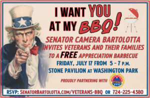 An advertisement graphic for Sen. Bartolotta’s free barbecue picnic for veterans displaying information that is listed in the content of this article.