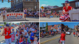 A montage of photos that show Sen. Bartolotta handing out popsicles at a parade and one picture features two young girls holding a sign that says, “Welcome, The Canonsburg July Fourth Celebration”