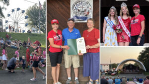 A collage of pictures that feature Sen. Bartolotta walking the Jacktown Parade route, presenting a Senate Citation, posing with the newly crowned Fair Queen, and a wide shot of the opening ceremonies set against a beautiful sunset.