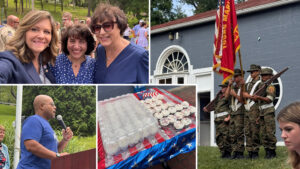 A montage of pictures. The top left picture is a selfie with Sen. Bartolotta and two women, the bottom left picture is a man speaking at a podium, middle picture are American themed cupcakes on a table, and the right picture is of a Yount Marines color guard.