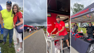 A montage of pictures. The left is Sen. Bartolotta posing with a man, the next is a wide shot of tents along the roadside, the next is a man posing with a pizza he made, and the last picture are members of the police department posing.