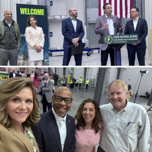 There are two pictures. The top picture features a man speaking at a podium during the press conference and the bottom picture is Sen. Bartolotta taking a selfie with three other people.