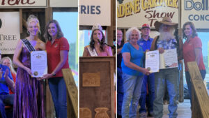 A montage of three pictures. The far left is the outgoing fair queen posing with Sen. Bartolotta and her Senate citation, the middle picture is of the new fair queen speaking, and the far right picture is Sen. Bartolotta posing with the fair persons of the year.