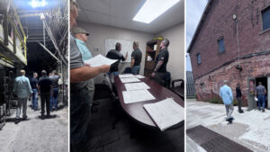 A montage of three pictures. On the far left is a group of people walking through a dark factory, in the middle are a group of men in a conference room looking over blueprints, and on the right is a wide picture of a brick building with people walking into a door.