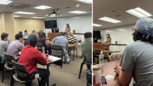 Two pictures of Sen. Bartolotta in the front of a conference room speaking with the UPMC Family Medicine Residency Program.