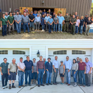 A montage of two group pictures with many people, one from the Washington County Farm Bureau Tour and the other from the Greene County Farm Bureau Tour.