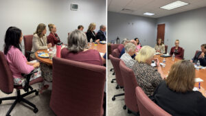 A conference room filled with people meeting.