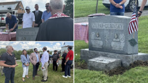 A montage of pictures of the graveside ceremony.