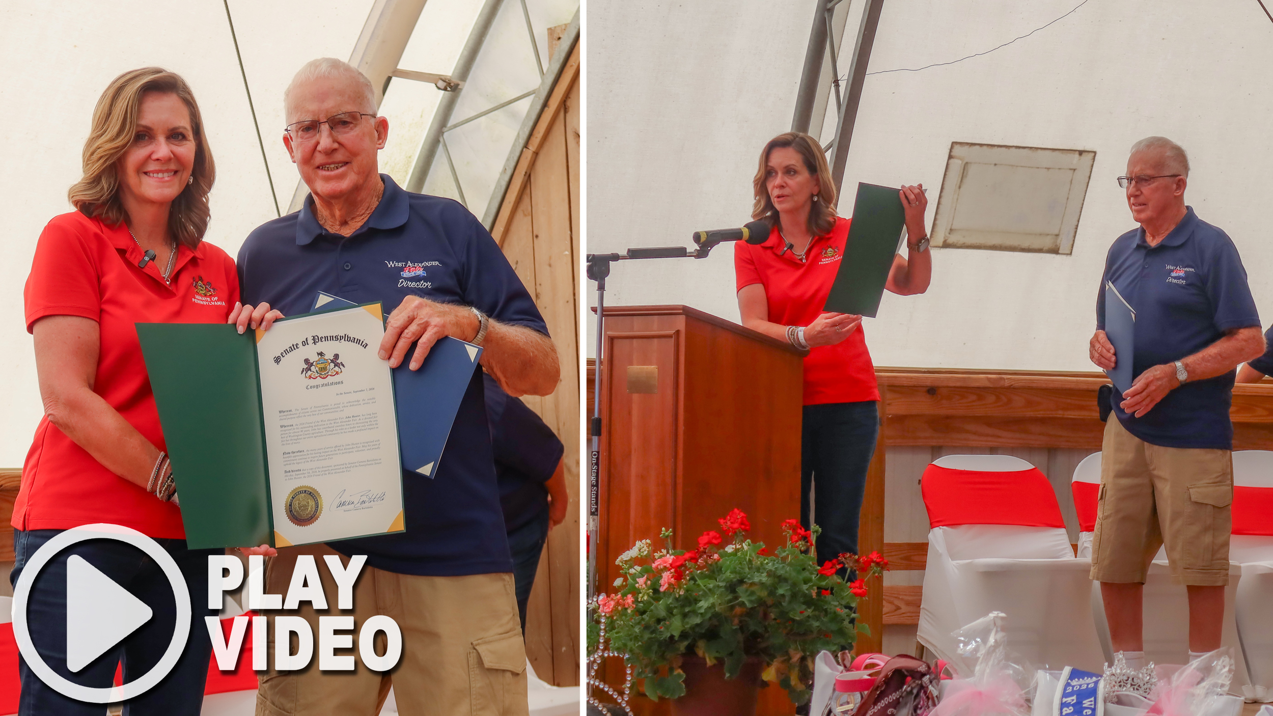 A montage of two pictures. Sen. Bartolotta poses with John Hunter and Sen. Bartolotta speaks at a podium.